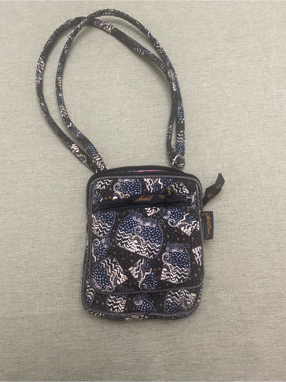 Laurel Burch Quilted Navy Patterned Cat Fabric Crossbody Shoulder Phone Bag